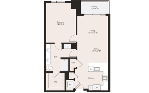 Deco A2-4 floor plan 1 bedroom 1 bathroom 875 square feet